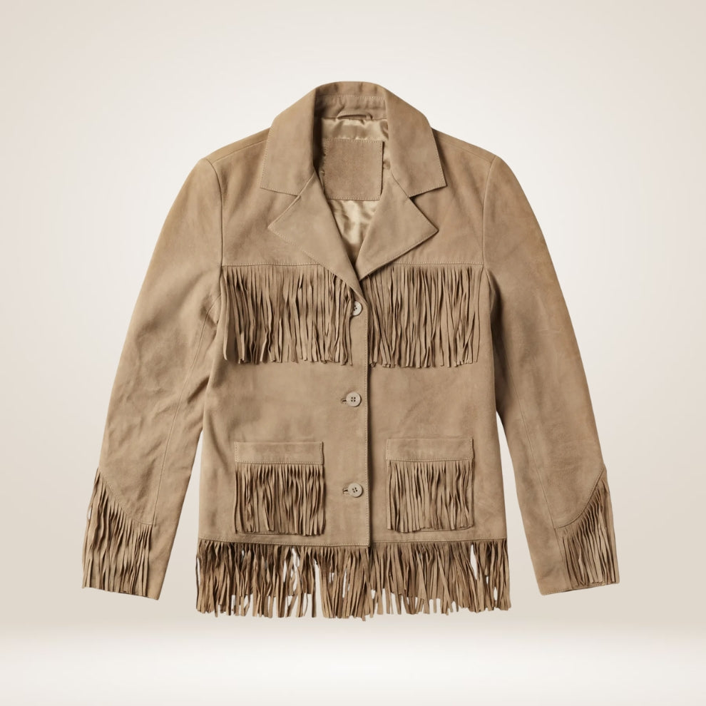 Beige suede jacket with fringes on a beige background
