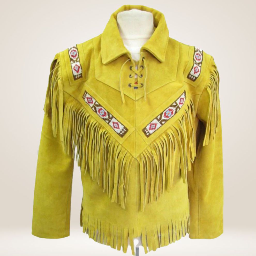 Yellow fringed jacket with decorative patterns on a white background