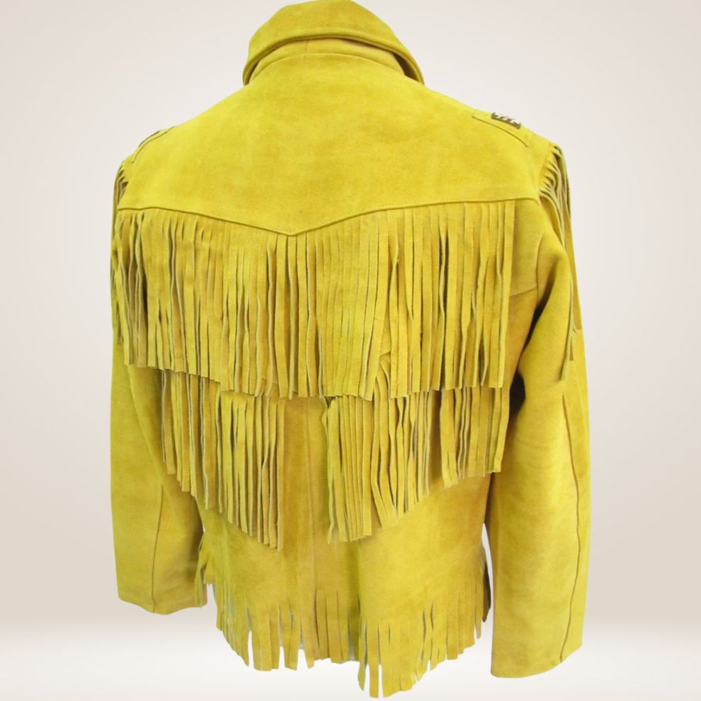 Yellow fringed jacket with decorative patterns on a white background