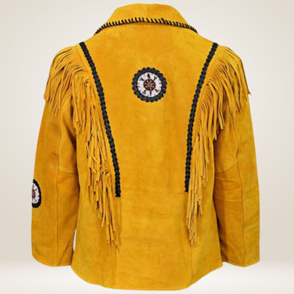 Yellow suede jacket with fringes and decorative elements on a white background