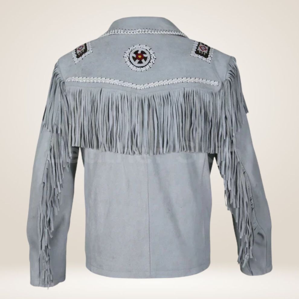 Gray leather jacket with fringes and embroidery on a beige background