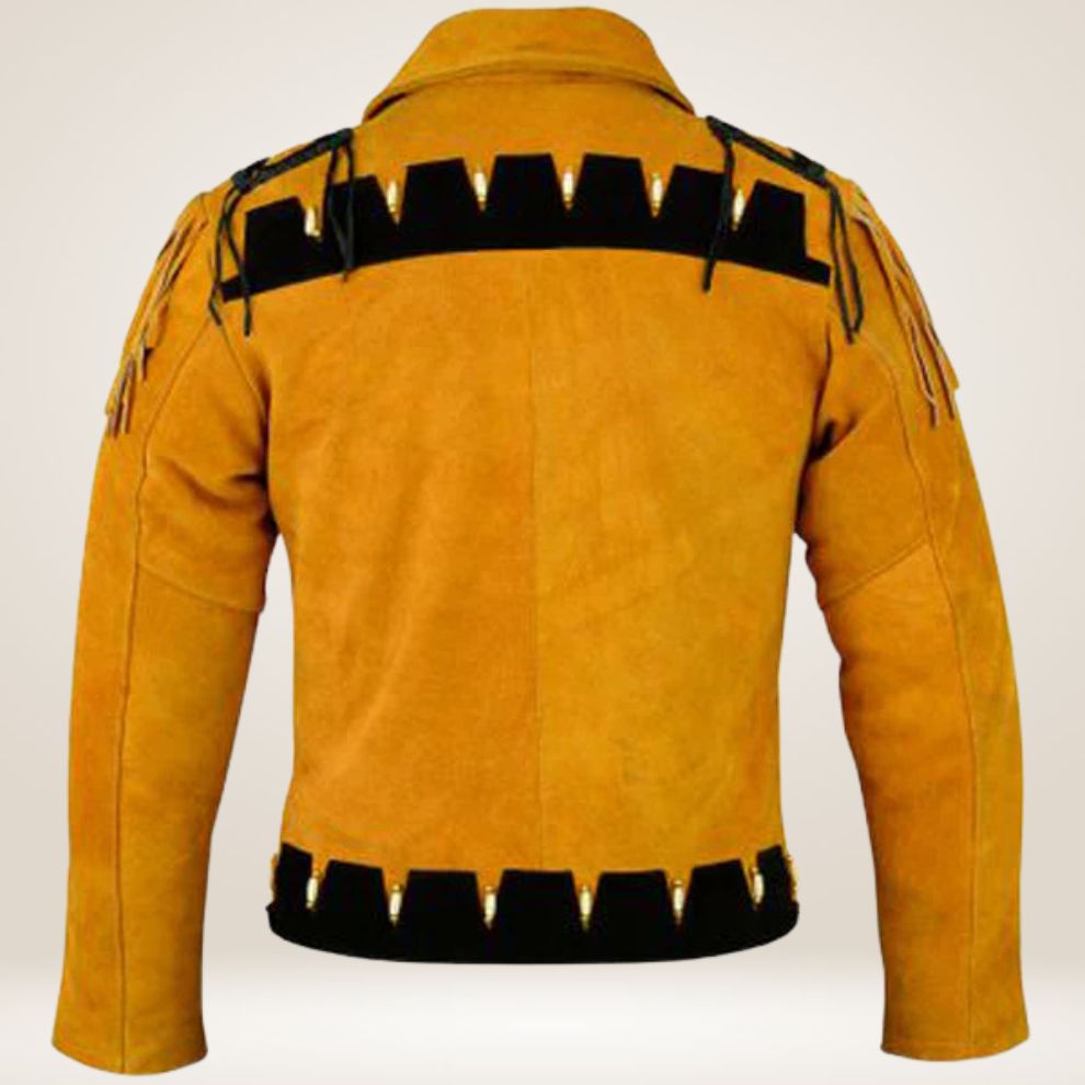 Yellow leather jacket with black accents and fringes on a white background
