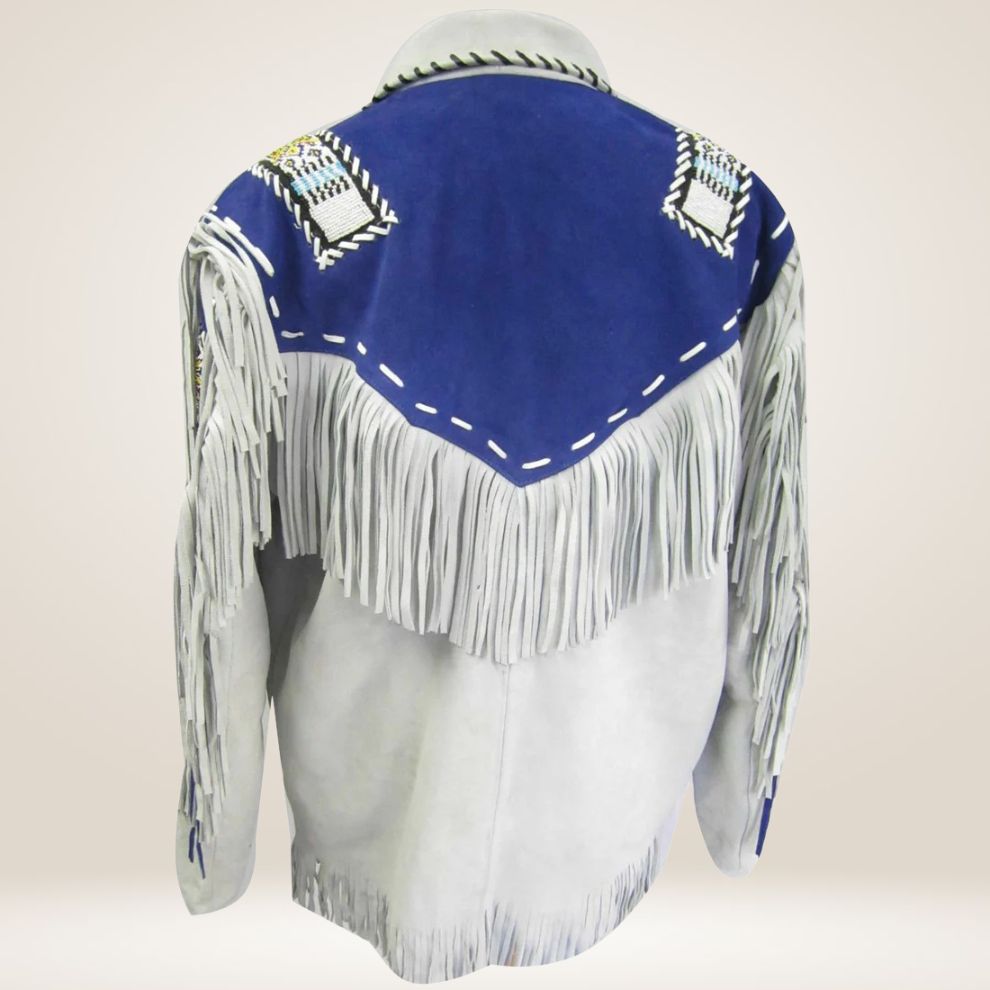 Men’s White & Blue Suede Leather Cowboy Jacket with Fringe & Beads