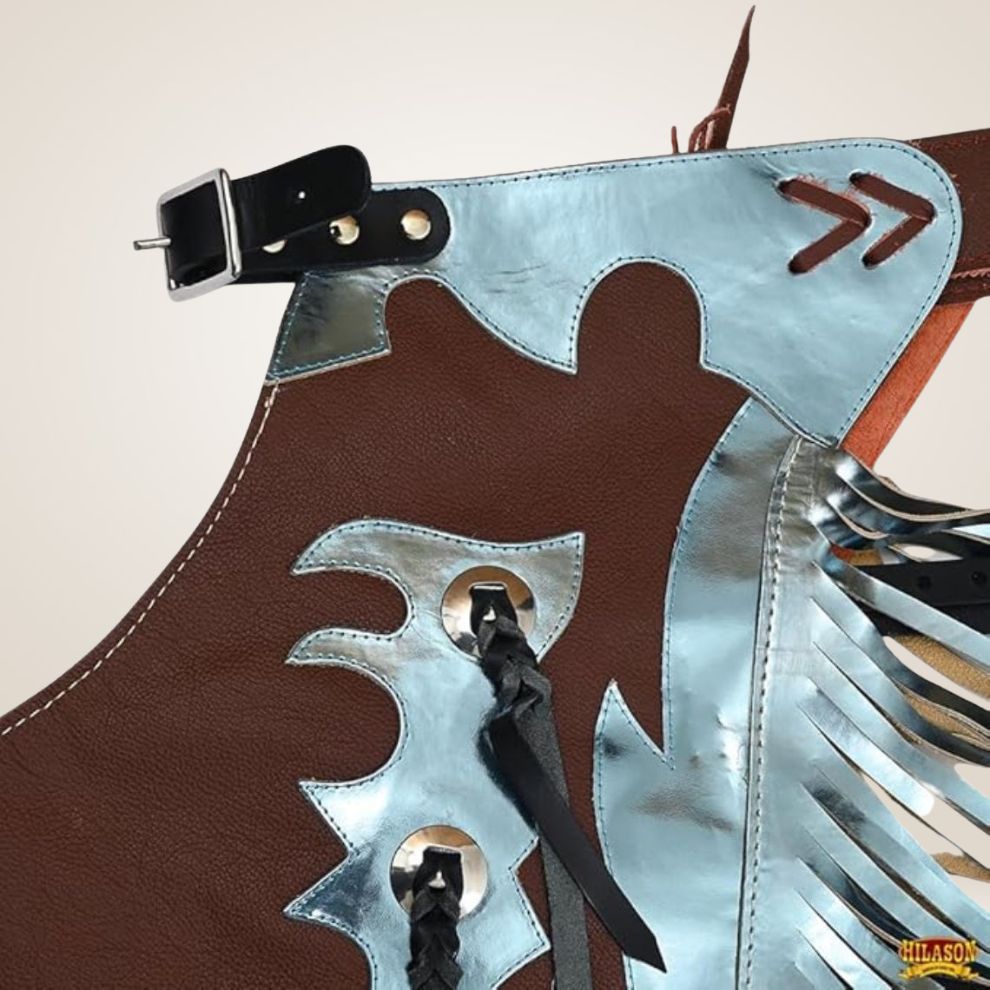 Brown apron with silver fringe and decorative elements on a beige background