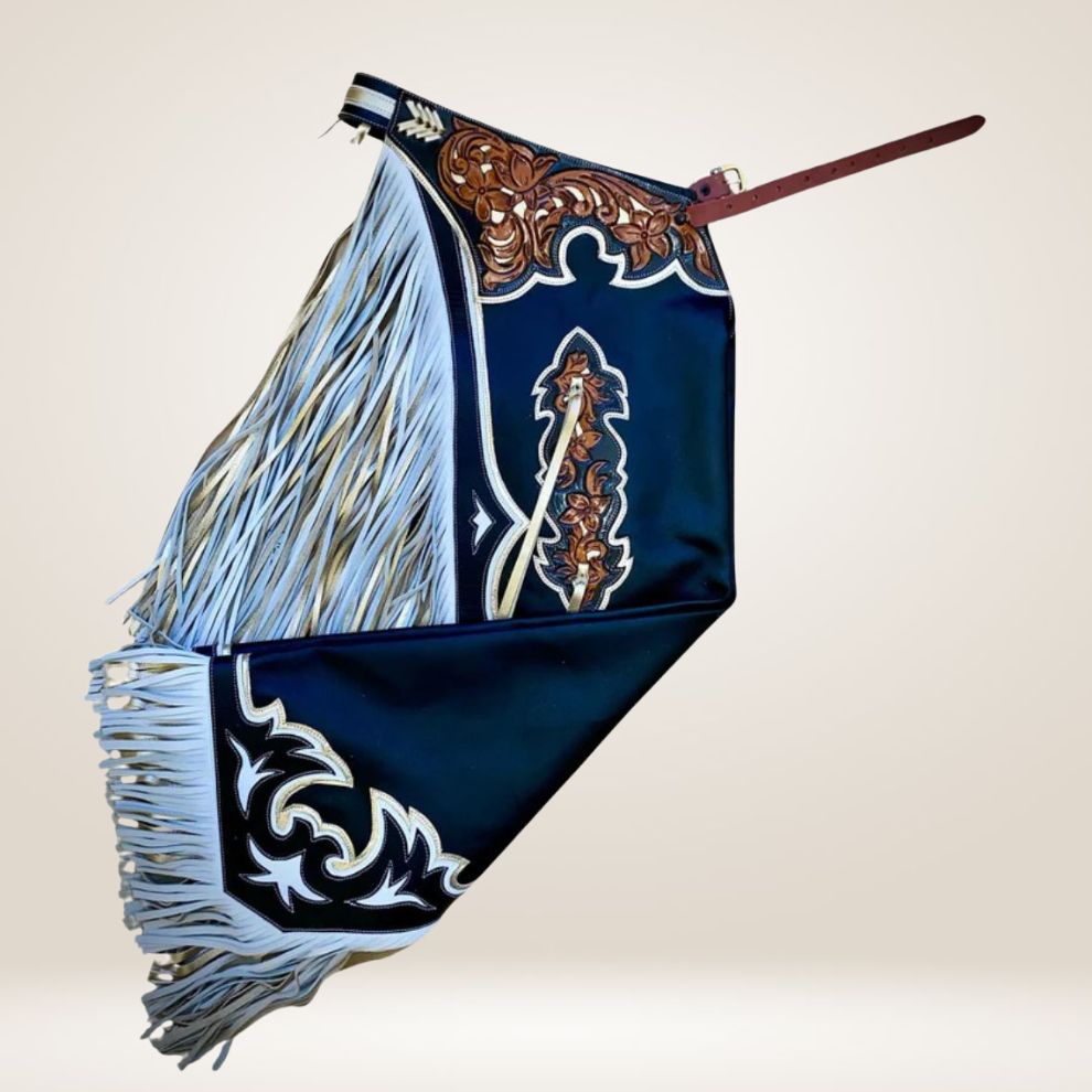 Decorative horse bridle with blue leather and white fringe on a beige background