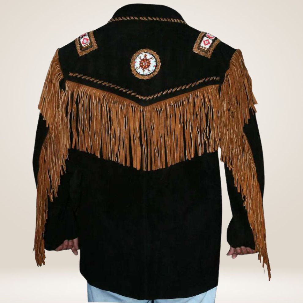 Traditional Native American style jacket with fringes and patterns on a plain background