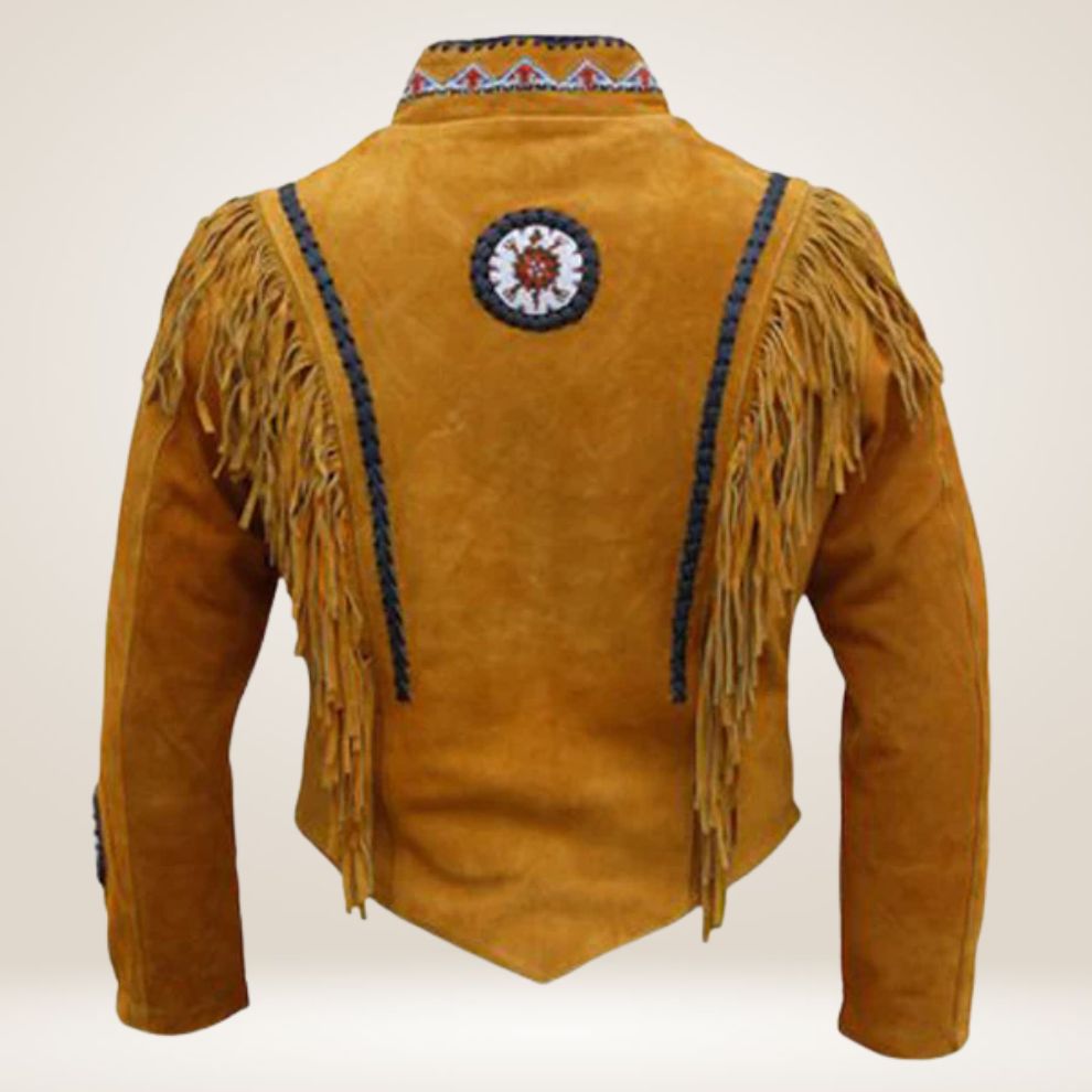 Traditional leather jacket with fringes and decorative elements on a beige background