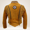 Brown leather jacket with fringes and decorative elements on a white background