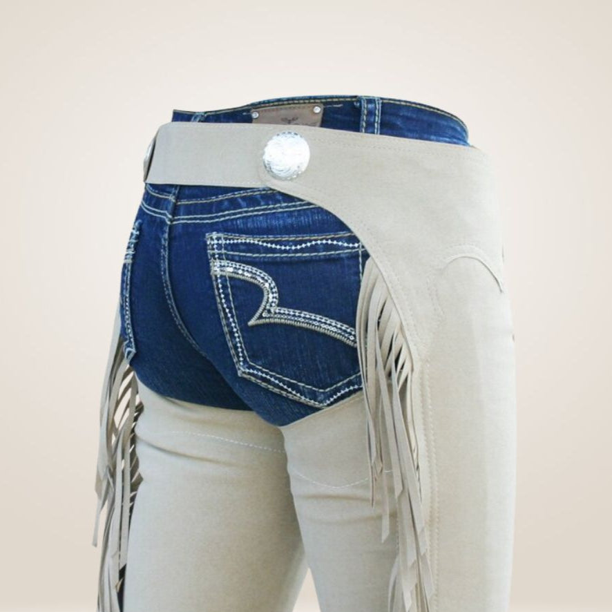 Beige fringed pants with a belt on a light beige background