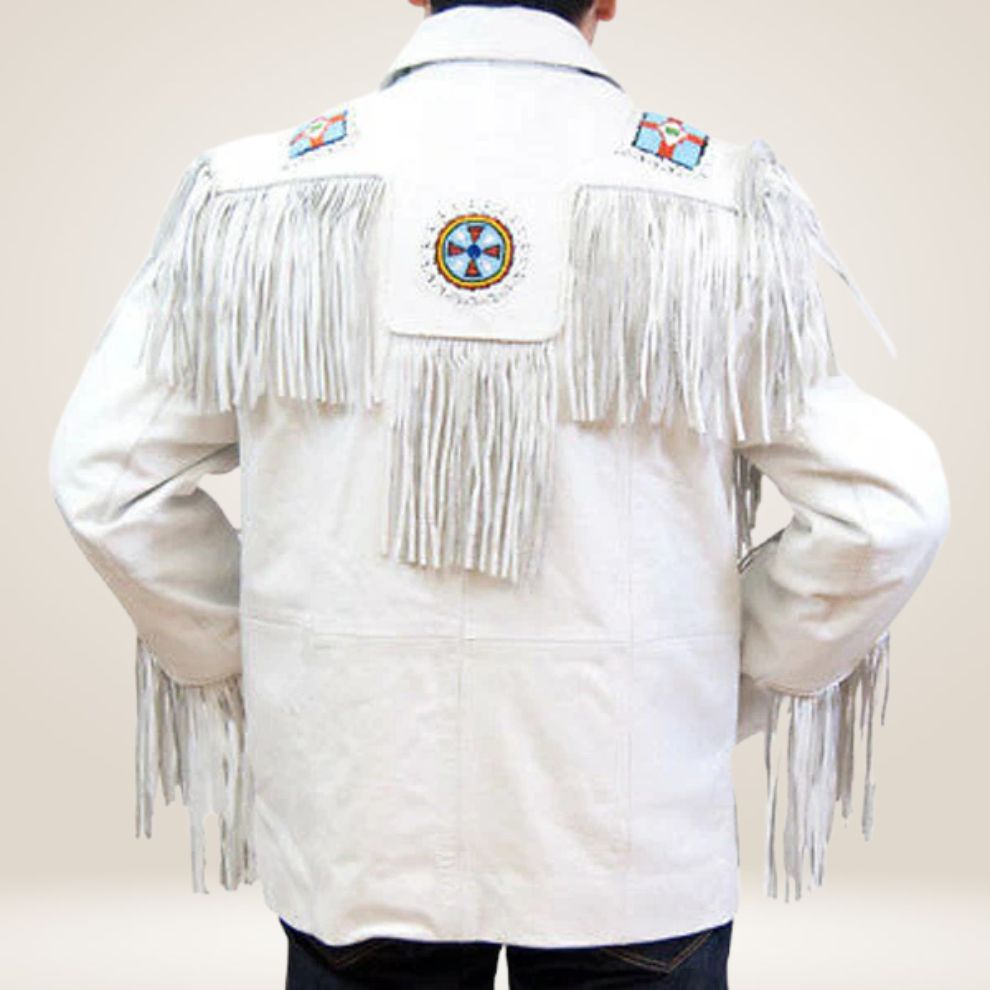 White fringed jacket with colorful patterns on a plain background