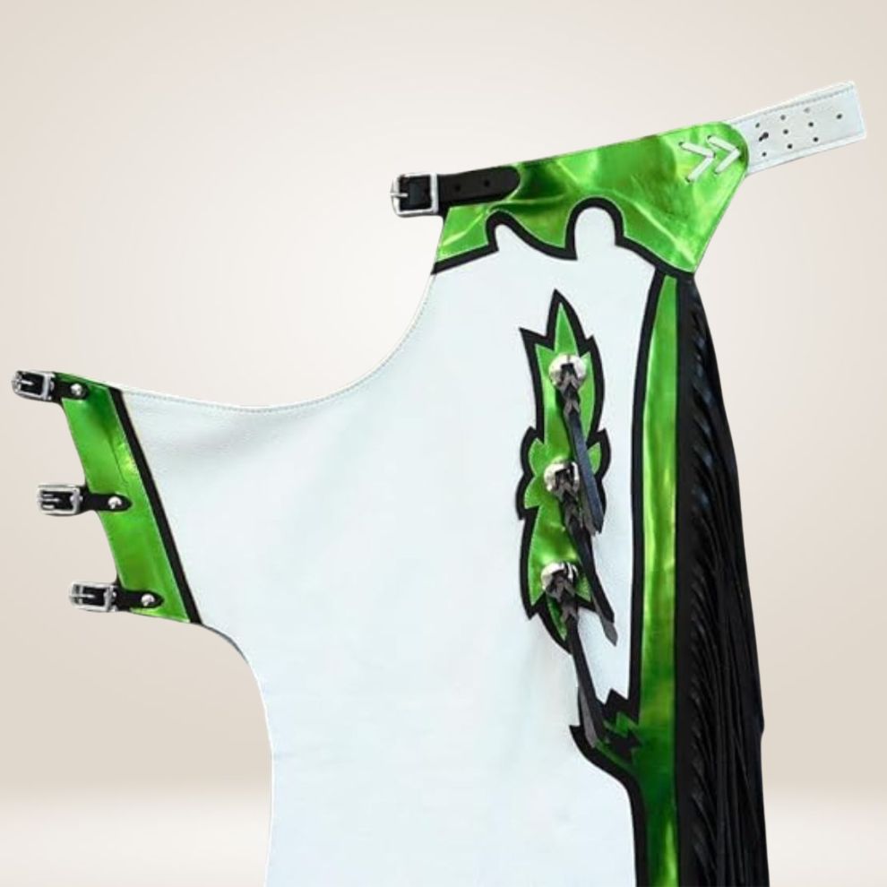 Green and black leather vest with white accents on a beige background
