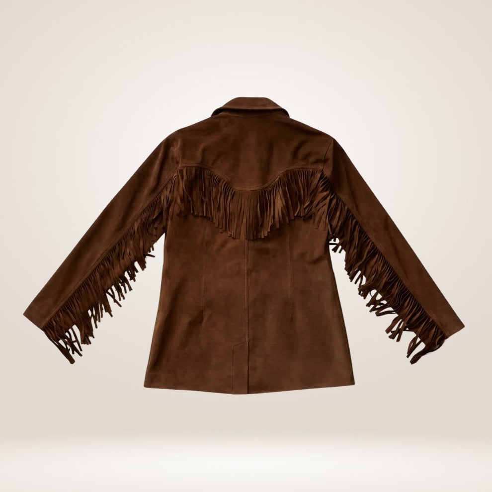 Brown suede jacket with fringes on a beige background