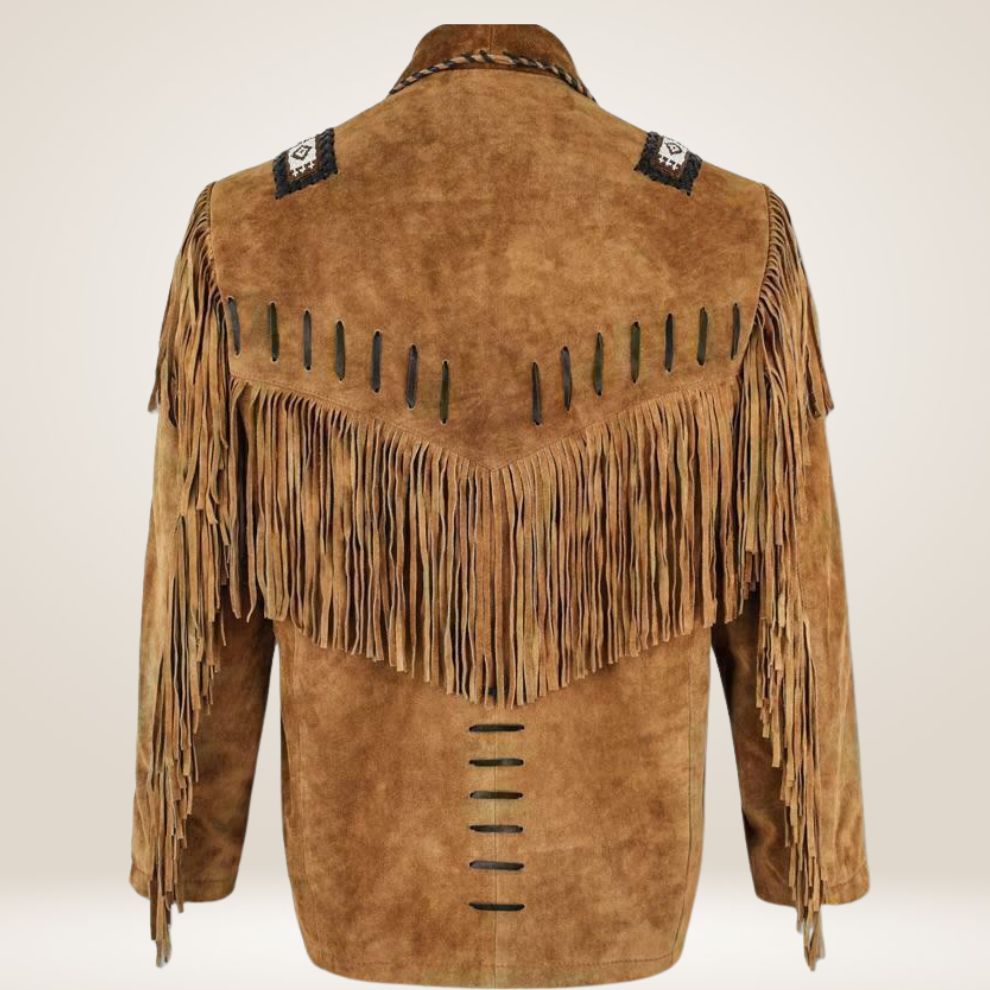 Brown suede jacket with fringes and decorative elements on a beige background