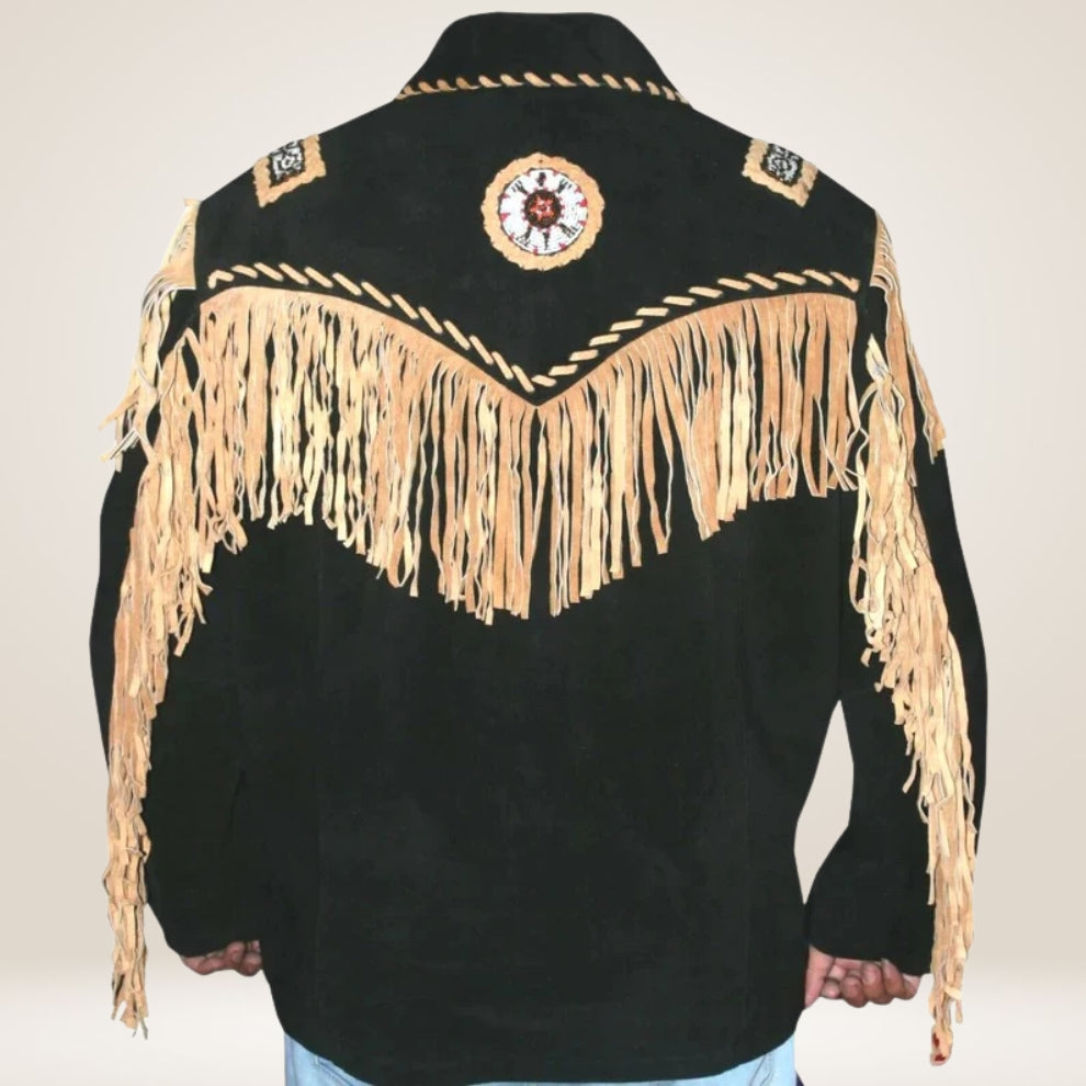 Black jacket with beige fringes and decorative patterns on a plain background