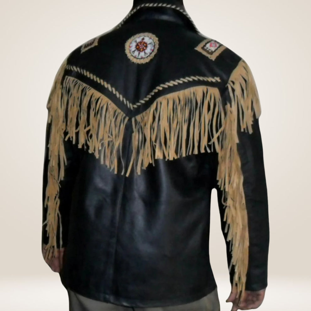 Black leather jacket with gold fringes and embroidery on a neutral background