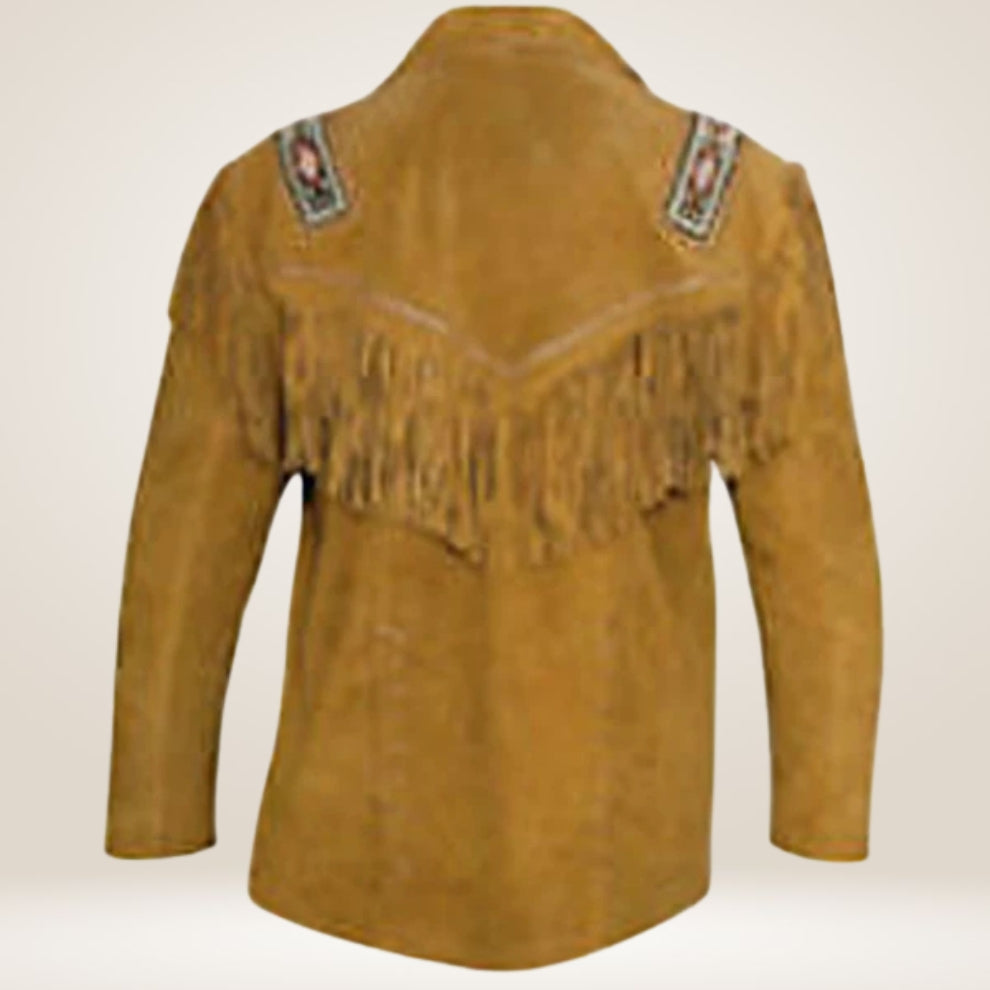 Brown leather coat with fringes and decorative patterns on a white background