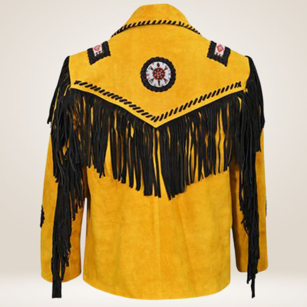 Yellow jacket with black fringes and decorative elements on a white background