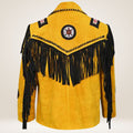 Yellow suede jacket with black fringe and decorative elements on a white background