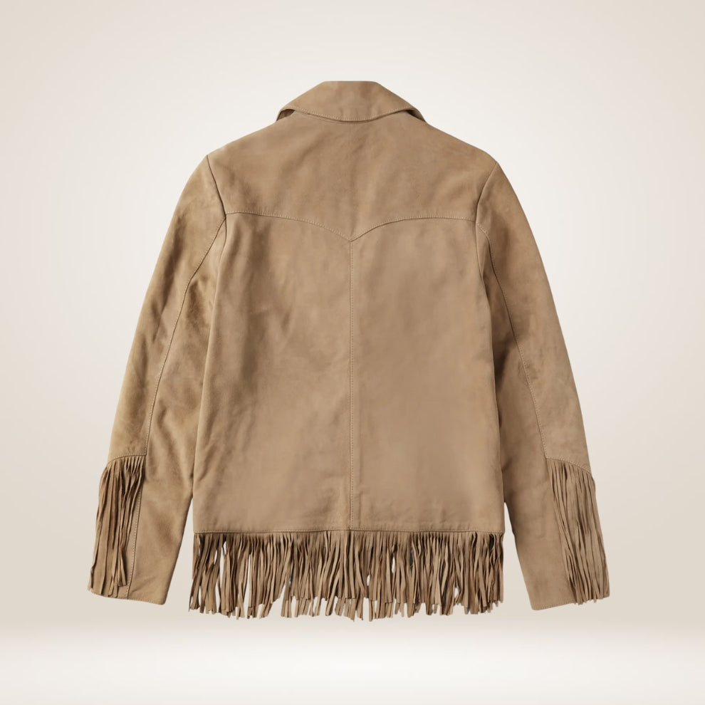 Beige suede jacket with fringes on a beige background