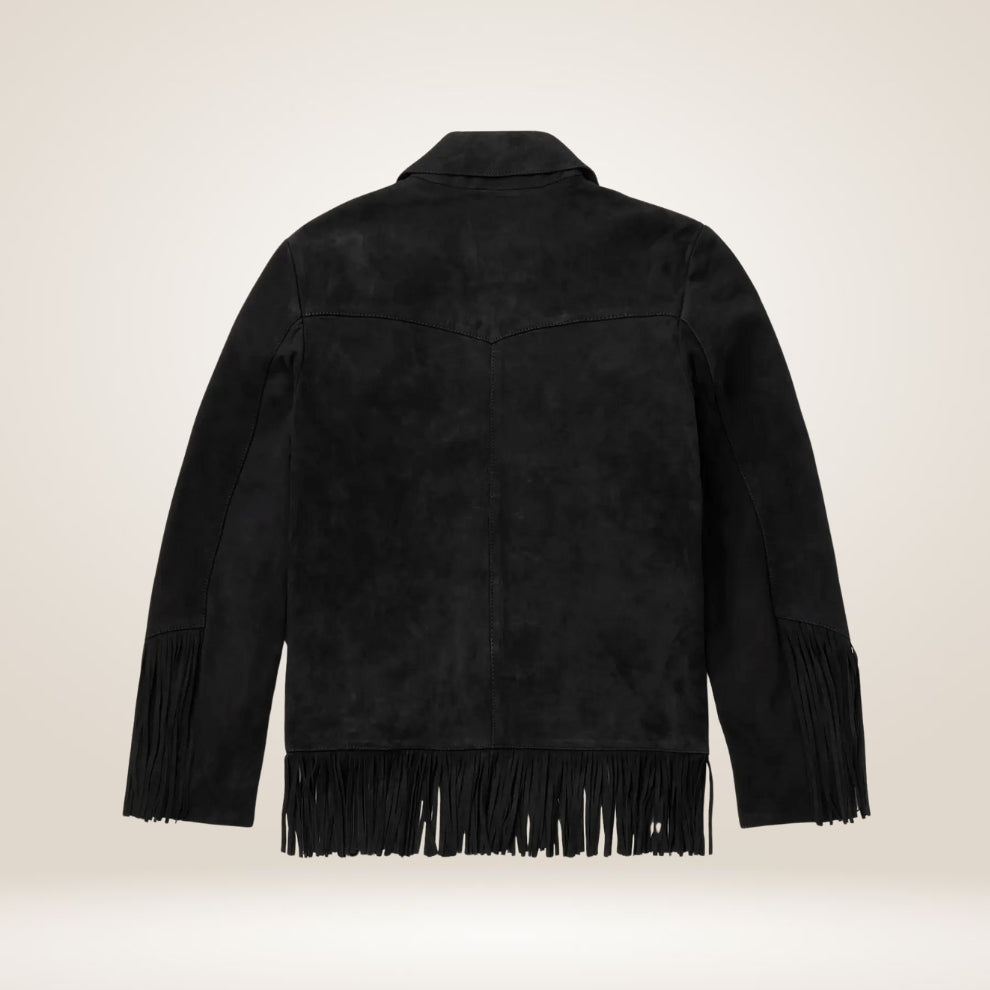 Black fringed jacket on a beige background