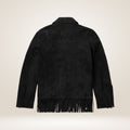 Black suede jacket with fringes on a beige background