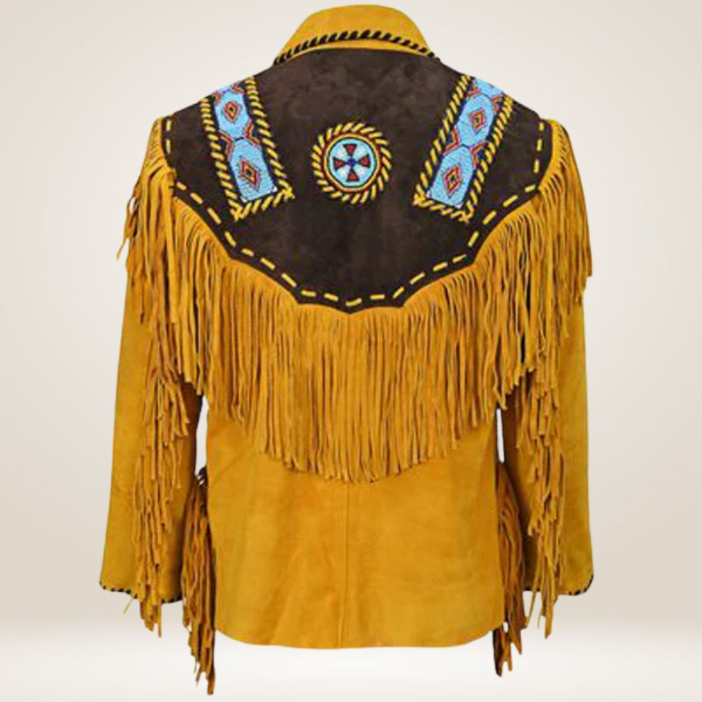 Yellow fringed jacket with decorative patterns on a white background