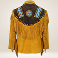 Yellow leather jacket with fringe and decorative back panel on a white background