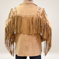 Tan suede fringe jacket on a plain background