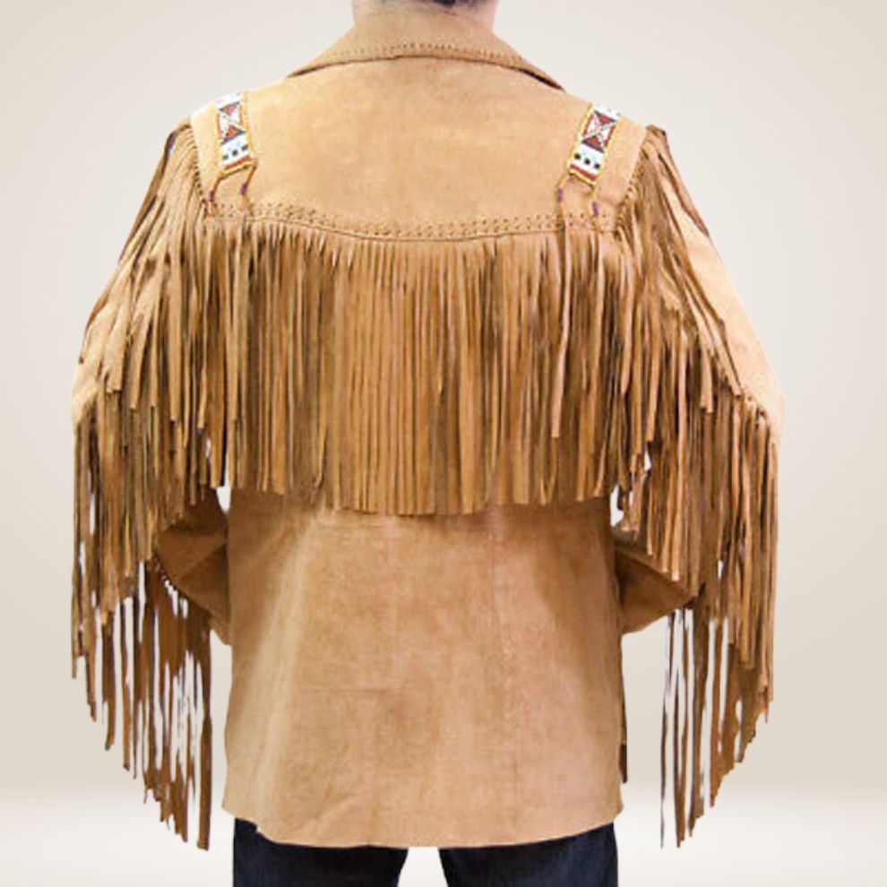 Tan suede fringe jacket on a plain background