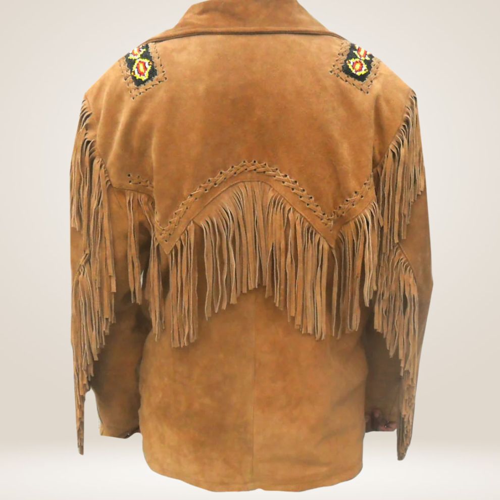 Brown suede COAT with fringes and buttons on a light beige background