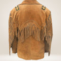 Brown suede coat with fringe and embroidered details on a white background
