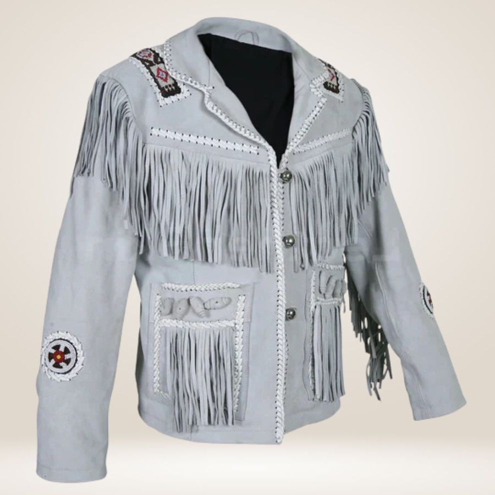 Gray leather jacket with fringes and beadwork on a beige background