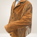 Brown suede coat with fringes on a light gray background