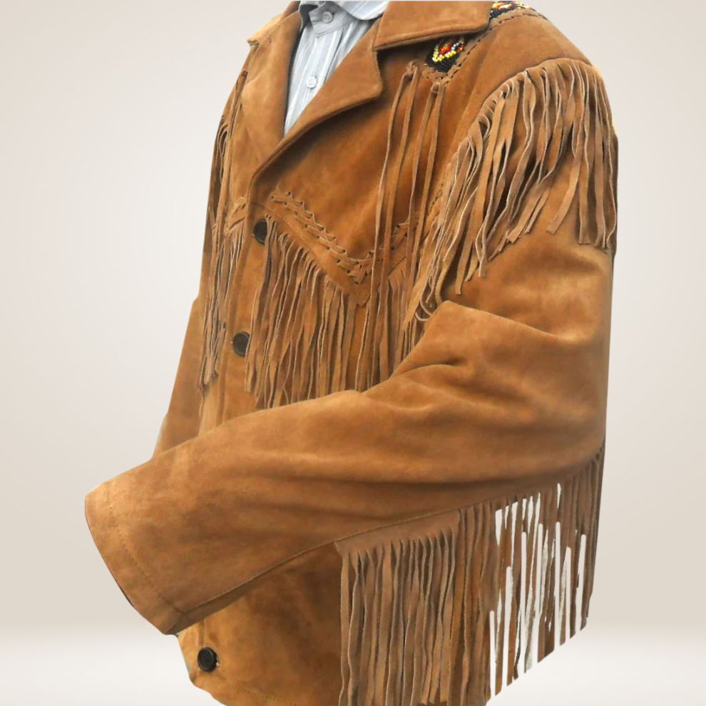 Brown suede coat with fringes on a light gray background