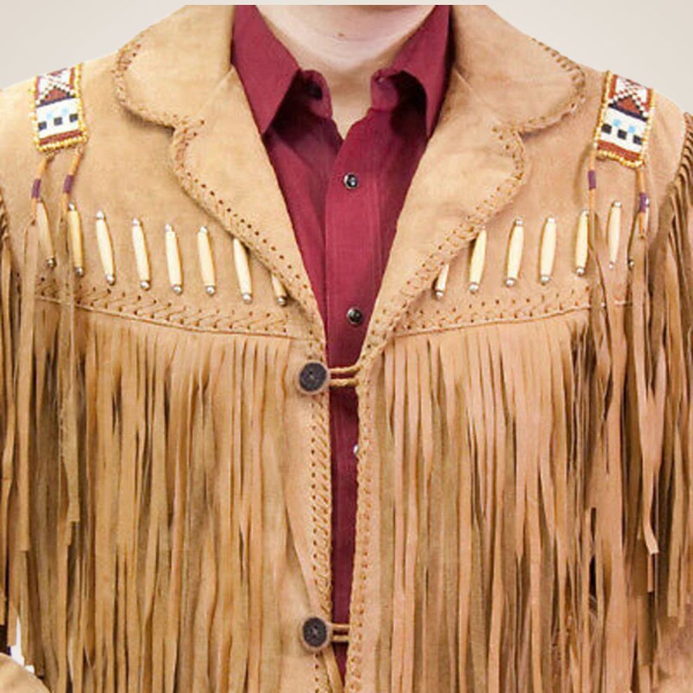 Beige fringed jacket with decorative elements on a plain background