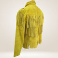 Yellow suede jacket with fringes on a white background