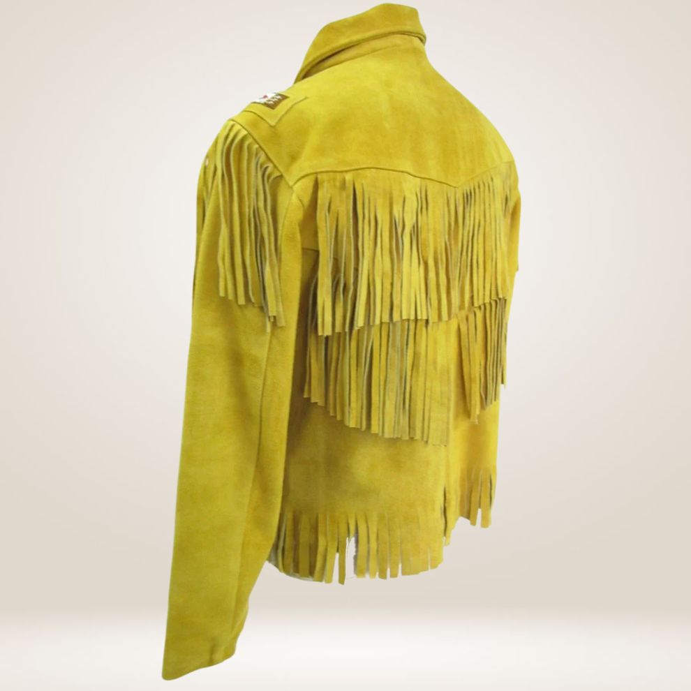 Yellow suede jacket with fringes on a white background