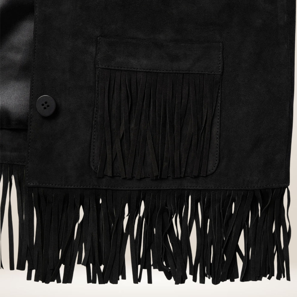 Black fringed jacket with a button on a neutral background