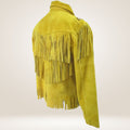 Yellow suede jacket with fringe details on a white background