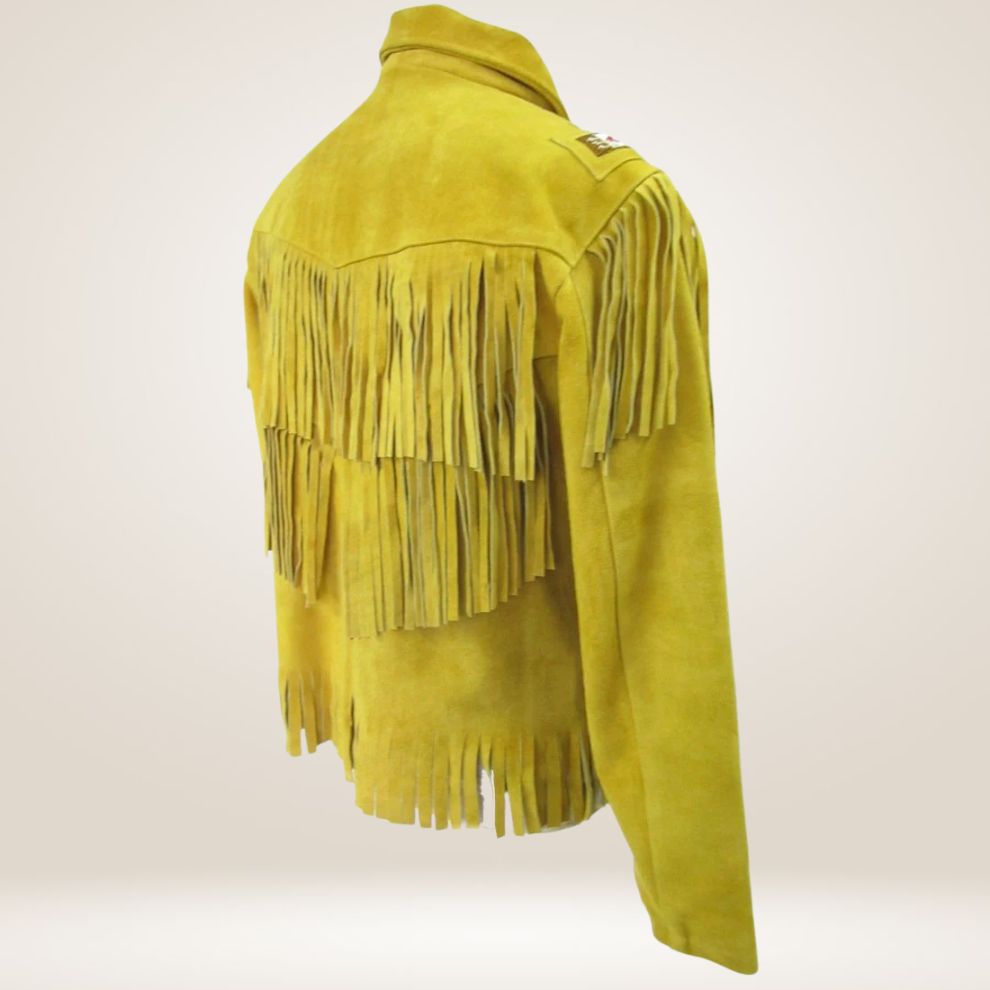 Yellow suede jacket with fringe details on a white background