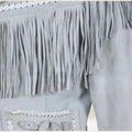 Gray fringe garment with lace details on a white background