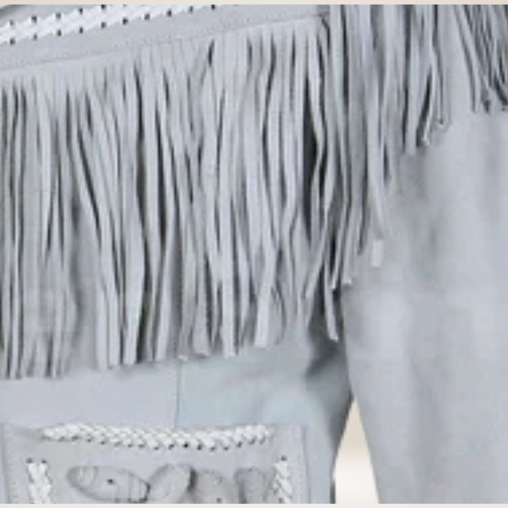 Gray fringe garment with lace details on a white background