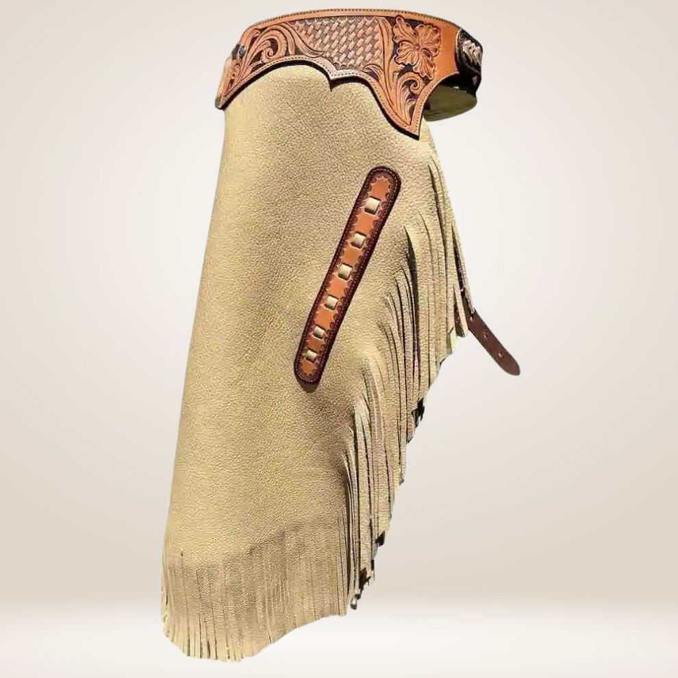 Beige boot with brown leather strap and fringe on a white background