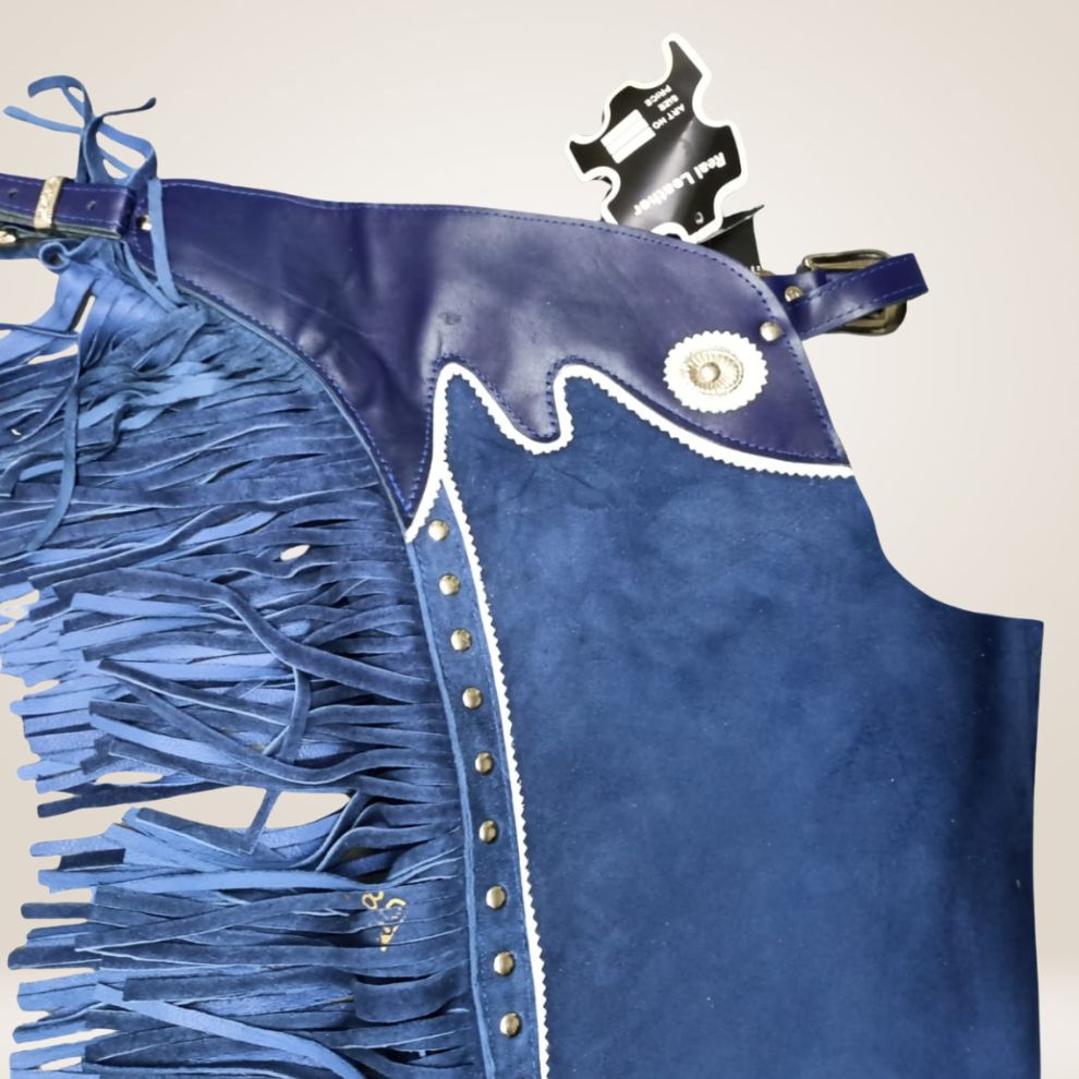Blue leather apron with fringe details on a white background