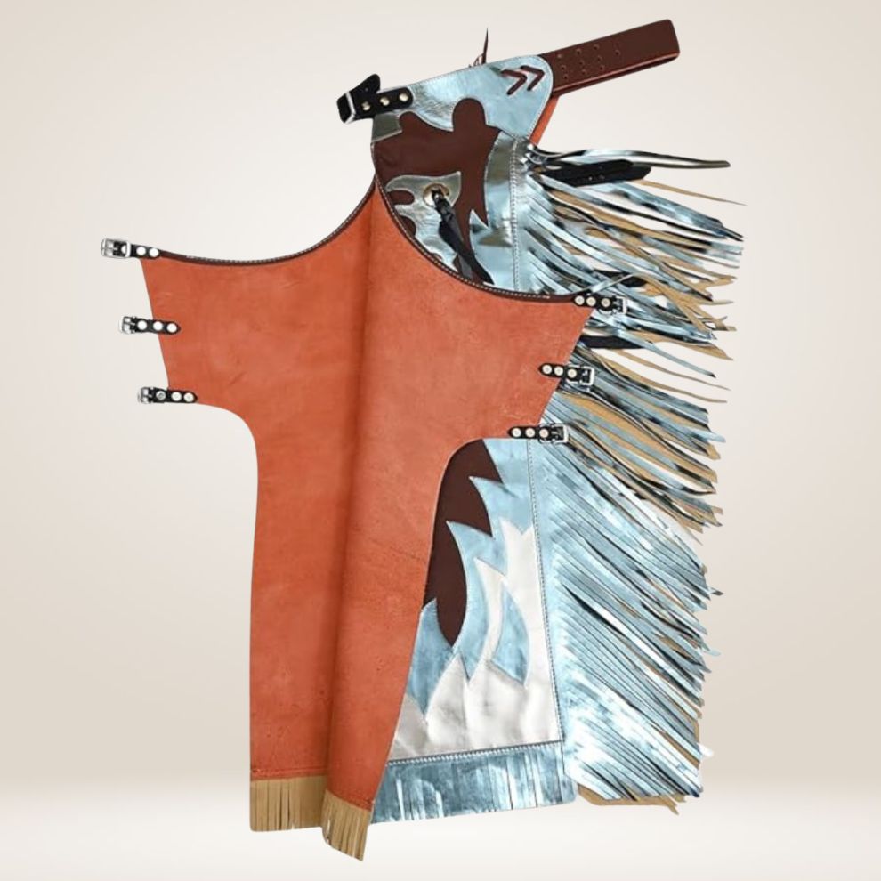 Decorative horse head with leather and fringe details on a beige background