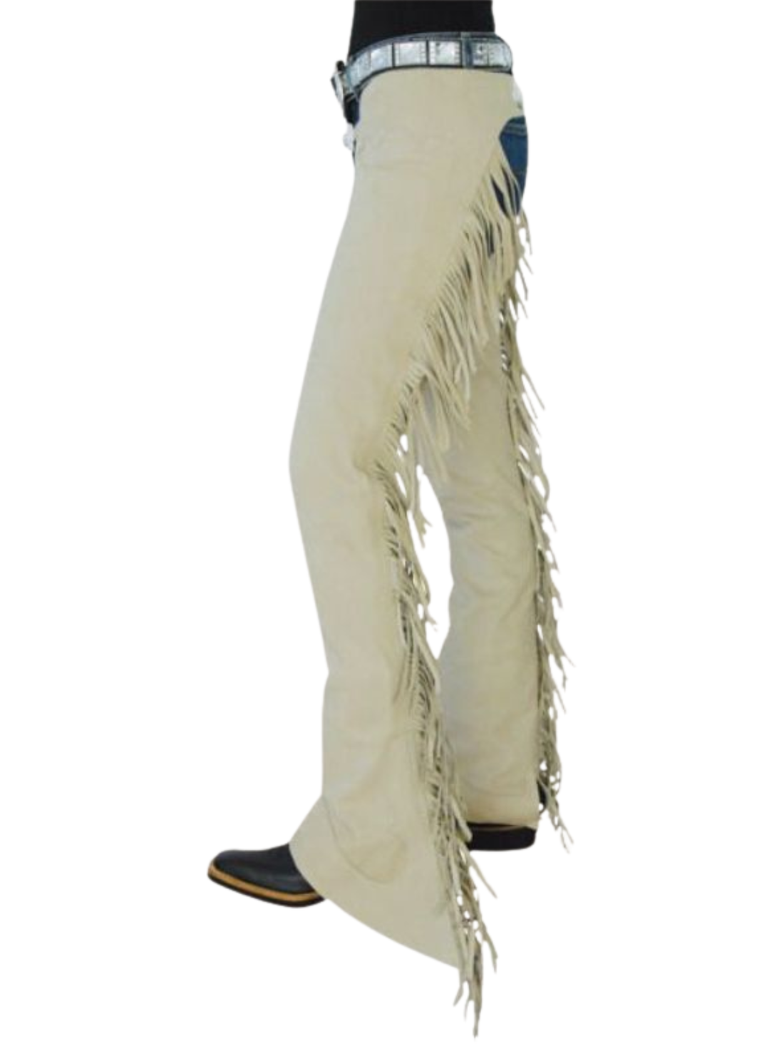 Beige fringed pants on a white background