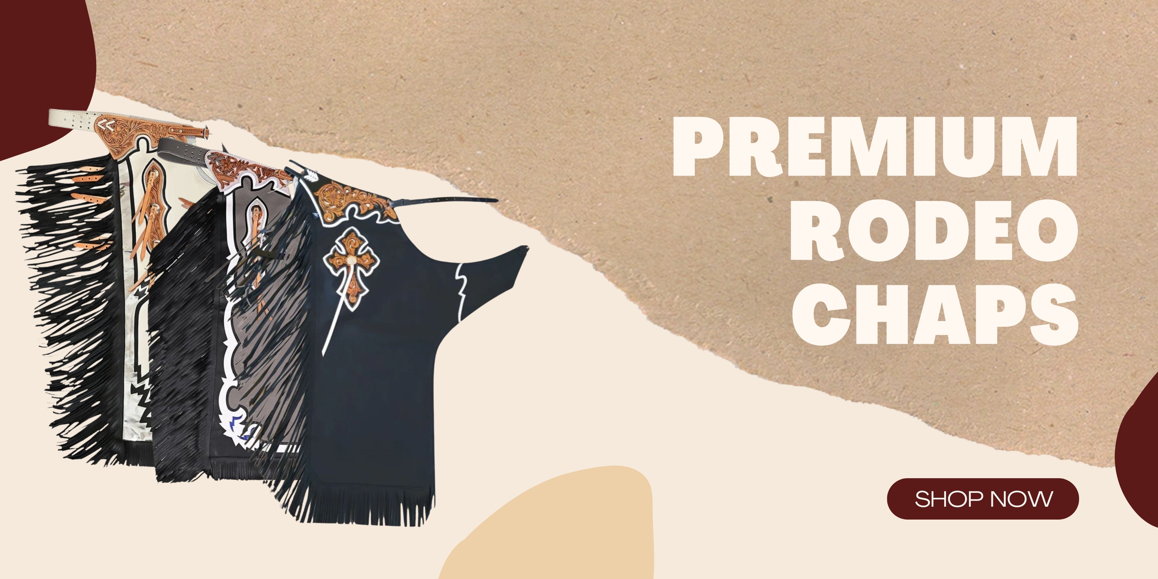 Advertisement for premium rodeo chaps with text and a 'Shop Now' button on a brown background.