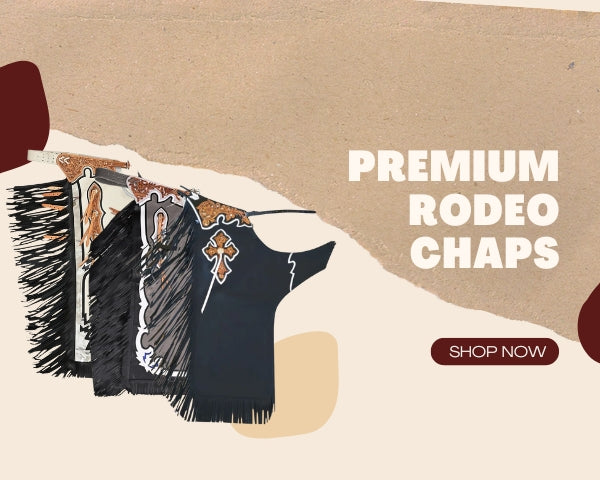 Premium rodeo chaps with decorative patterns on a beige background, featuring text 'PREMIUM RODEO CHAPS' and 'SHOP NOW'.