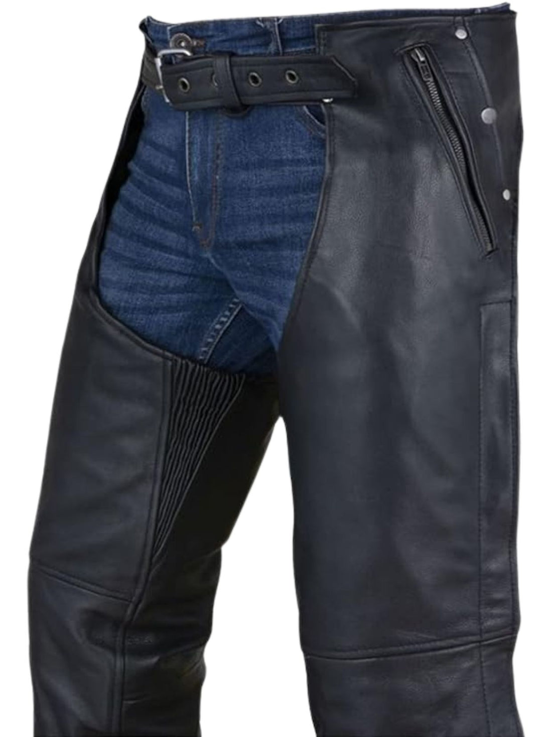 Black Leather Assless Chaps Buckle Waist Front