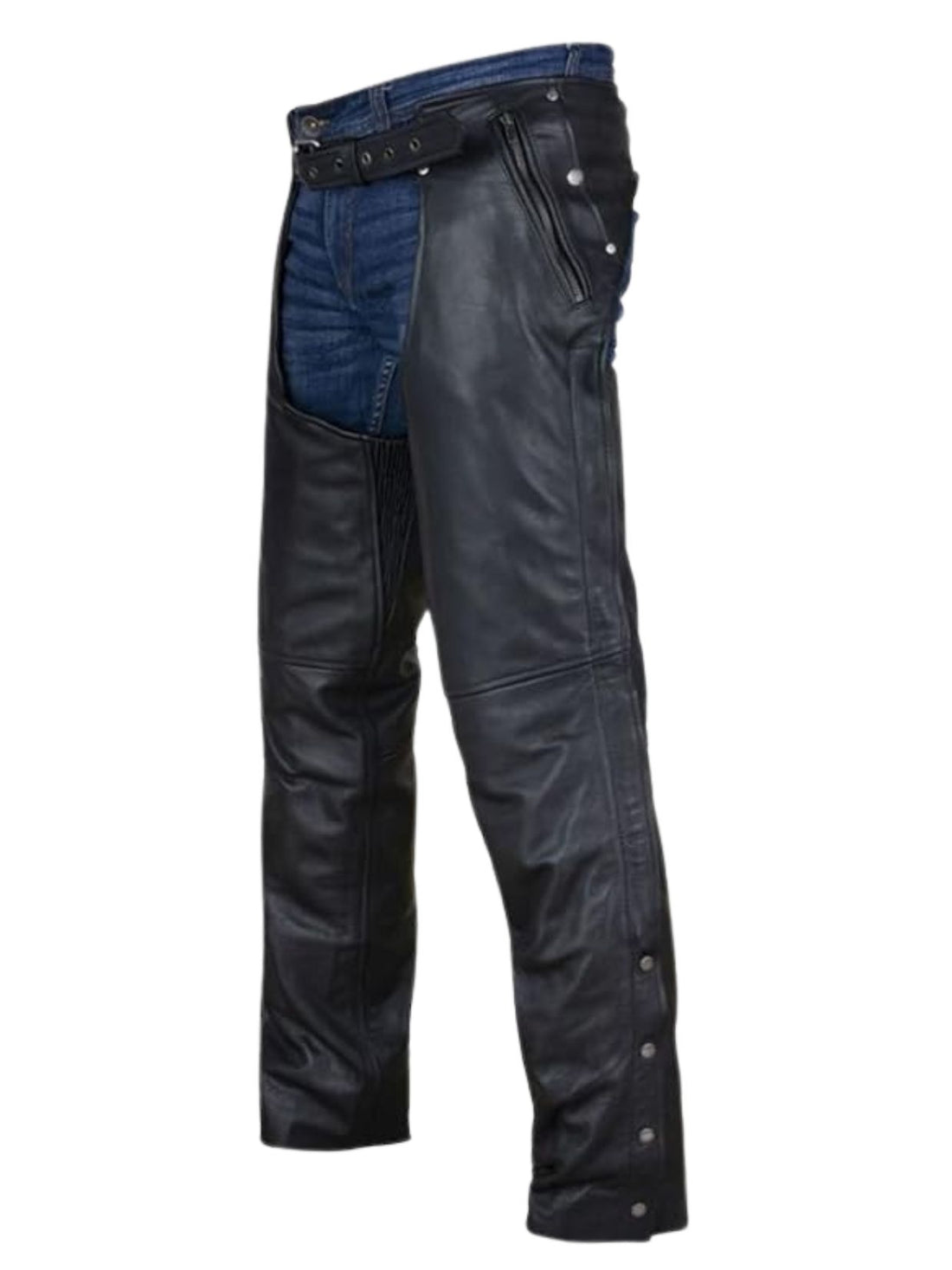 Black Leather Assless Chaps Buckle Waist Front
